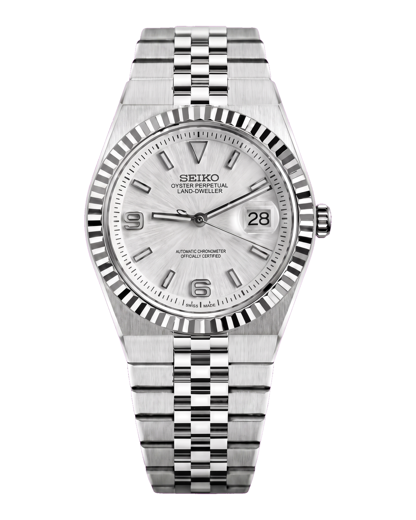 SeikoLand Blanche — cadran blanc, lunette cannelée, bracelet intégré